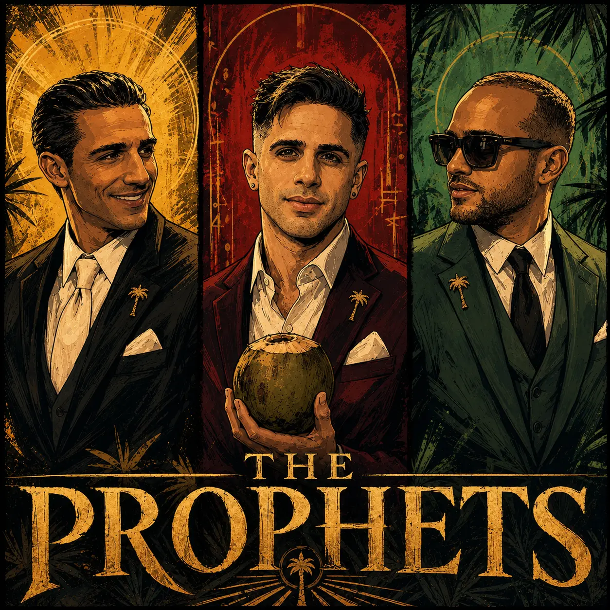 THE PROPHETS — FROM UNDER A ROCK. Three vertical panels: burnished gold, deep blood red, and forest green. Each panel holds a suited figure; the center figure holds a coconut. Gold serif lettering across the bottom reads THE PROPHETS.